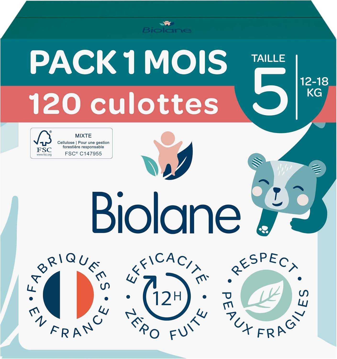 BIOLANE - Korte luiers - Maat 5 (12-18 kg) - 12 uur strakheid - 1 maandverpakking - 120 luiers - ecologisch
