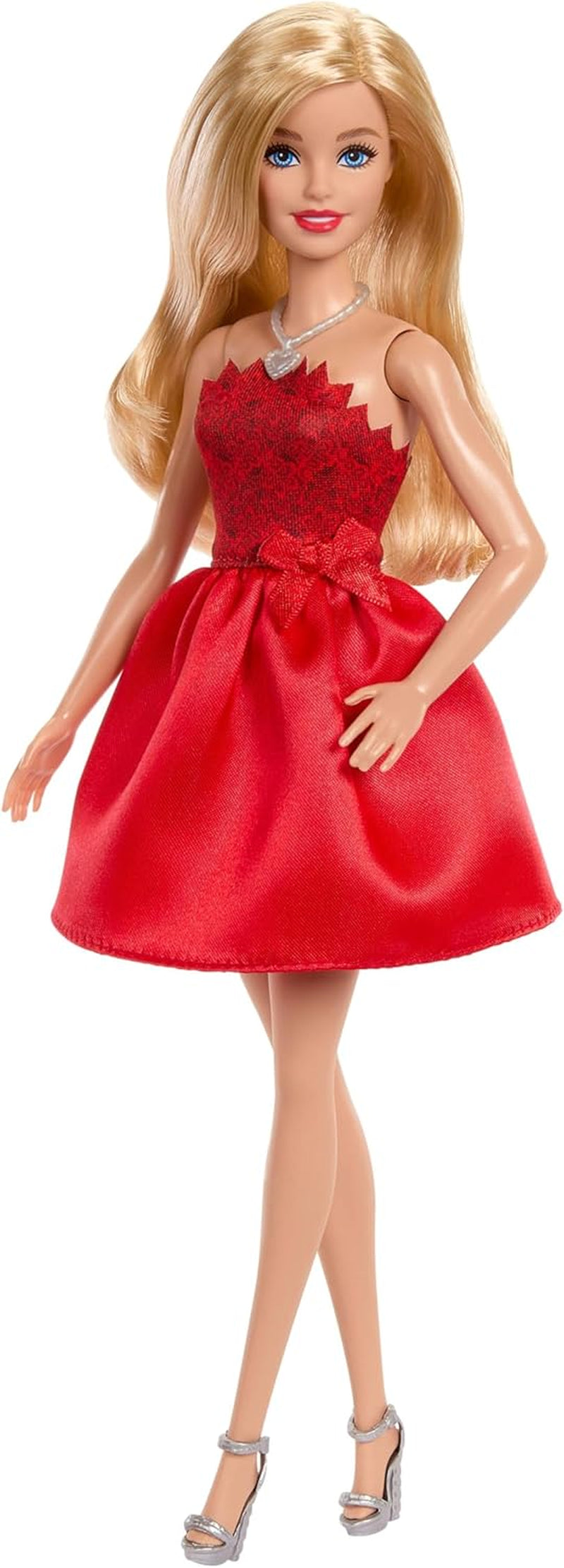 Mattel Rubinrote Blonde Barbie-Party-Modepuppe zum 80. Jubiläum roten Kleid mit zilverkleurige Schuhen en Halskette, Sammelspielzeug, JGD25
