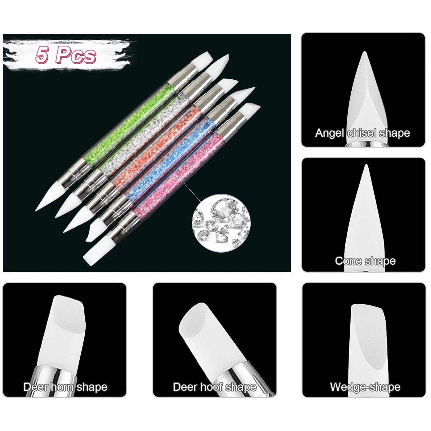 Qufiiry 5PCS Silikon Nagel Pinsel, Gel Schnitzen Pinsel, Silikon-Modellierpinsel Set, Doppel Köpfe DIY Maniküre Werkzeug