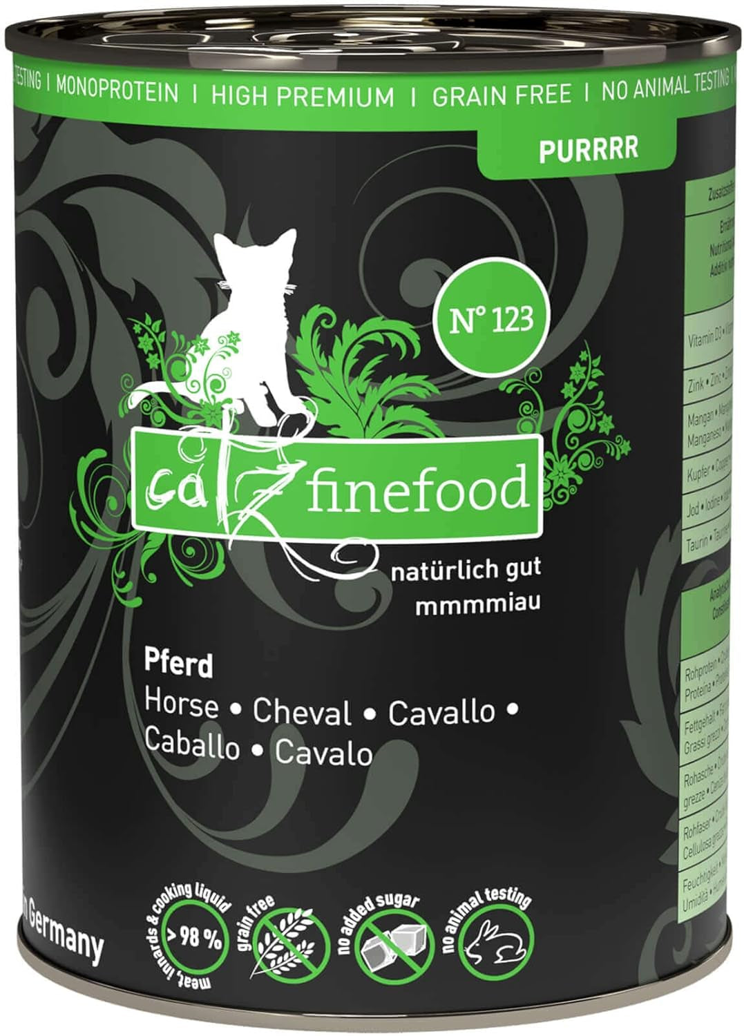 Natvoer voor katten Catz Finefood Purrrr Paard Monoproteïne nr. 123, voor katten met een gevoelige spijsvertering, 70% vleesgehalte, 6 dozen x 400 g