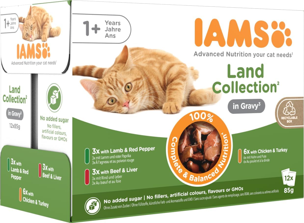 IAMS Delights Land Collection Natvoer voor katten - Multipack met vleessoorten (lamsvlees, rundvlees, kip en kalkoen) in saus, natvoer voor katten vanaf 1 jaar, 12 x 85 g