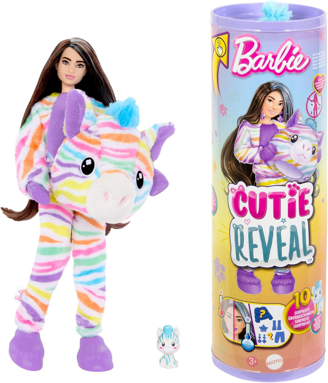 Barbie Cutie-onthullingspop en accessoires, batik konijntje pluche outfit en 10 kleurveranderende verrassingen, Color Dream-serie, HRK38 Naty Shop Rainbow Zebra-poppen