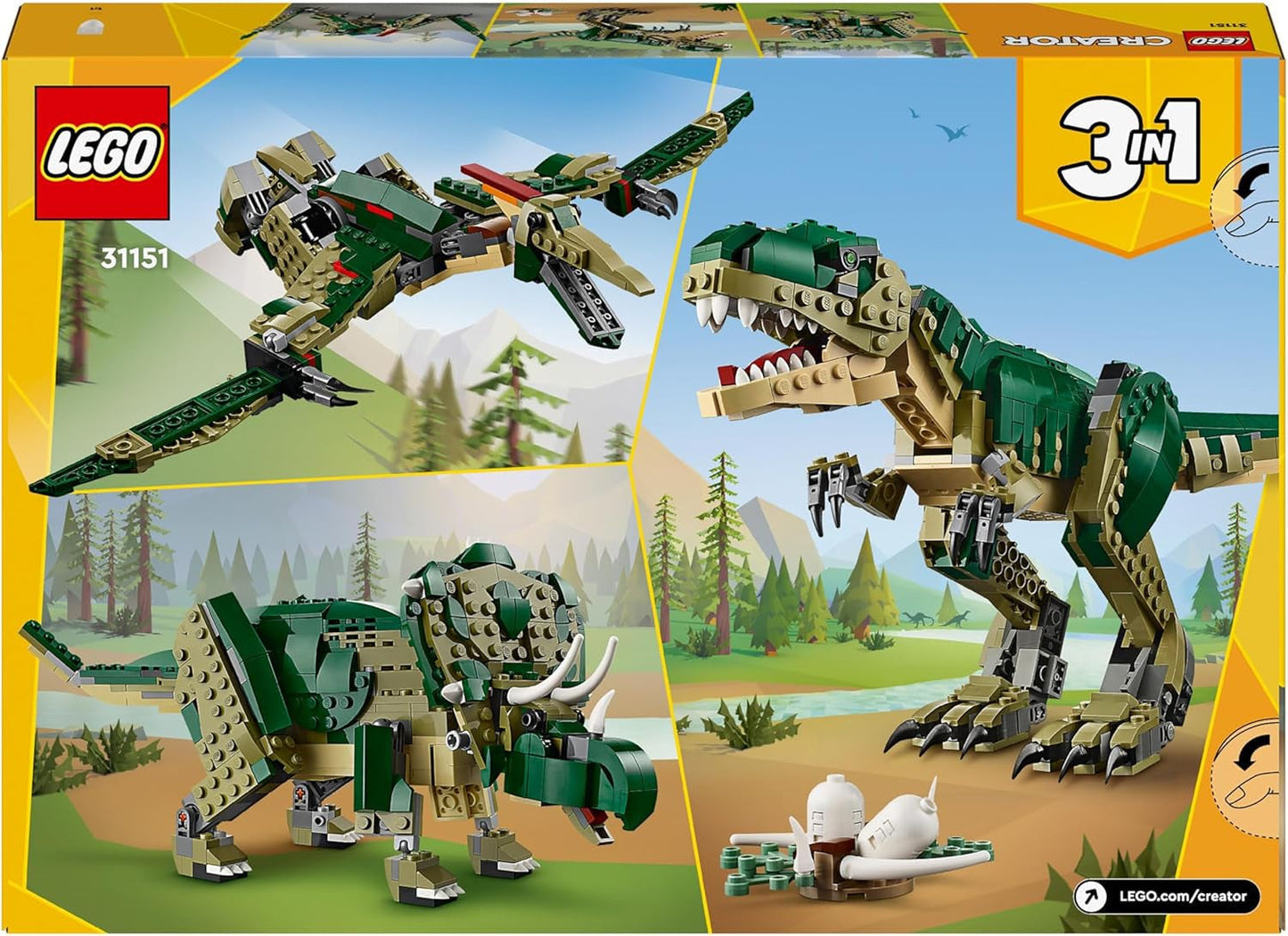LEGO Creator T.Rex, Dino 3-in-1 transformeerbare Triceratops of Pterodactyl, mobiel dinosaurusmodel voor kinderen, cadeau voor jongens en meisjes 31151 Bouwsets