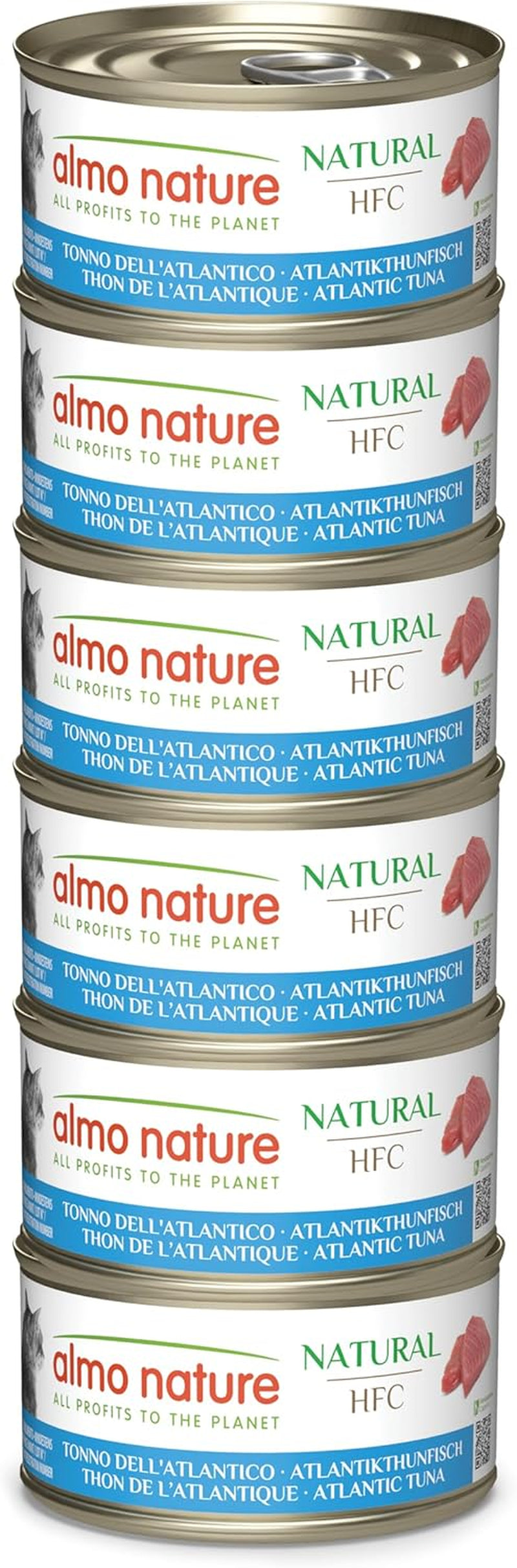 Almo Nature HFC Natural - Natvoer voor volwassen katten - Atlantische Tonijn - Menselijke kwaliteit, glutenvrij en monoproteïne - 6 x 70g
