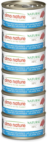 Almo Nature HFC Natural - Natvoer voor volwassen katten - Atlantische Tonijn - Menselijke kwaliteit, glutenvrij en monoproteïne - 6 x 70g