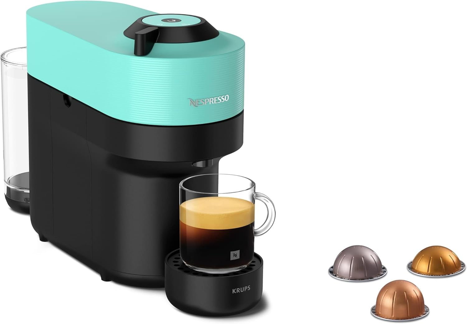 Espressomachine met Nespresso Krups Vertuo Pop capsules, inhoud: 560 ml, automatische capsuleherkenning, one-touch systeem, 4 kopgroottes, verkorte opwarmtijd, duurzaam, Aqua Mint, XN9204