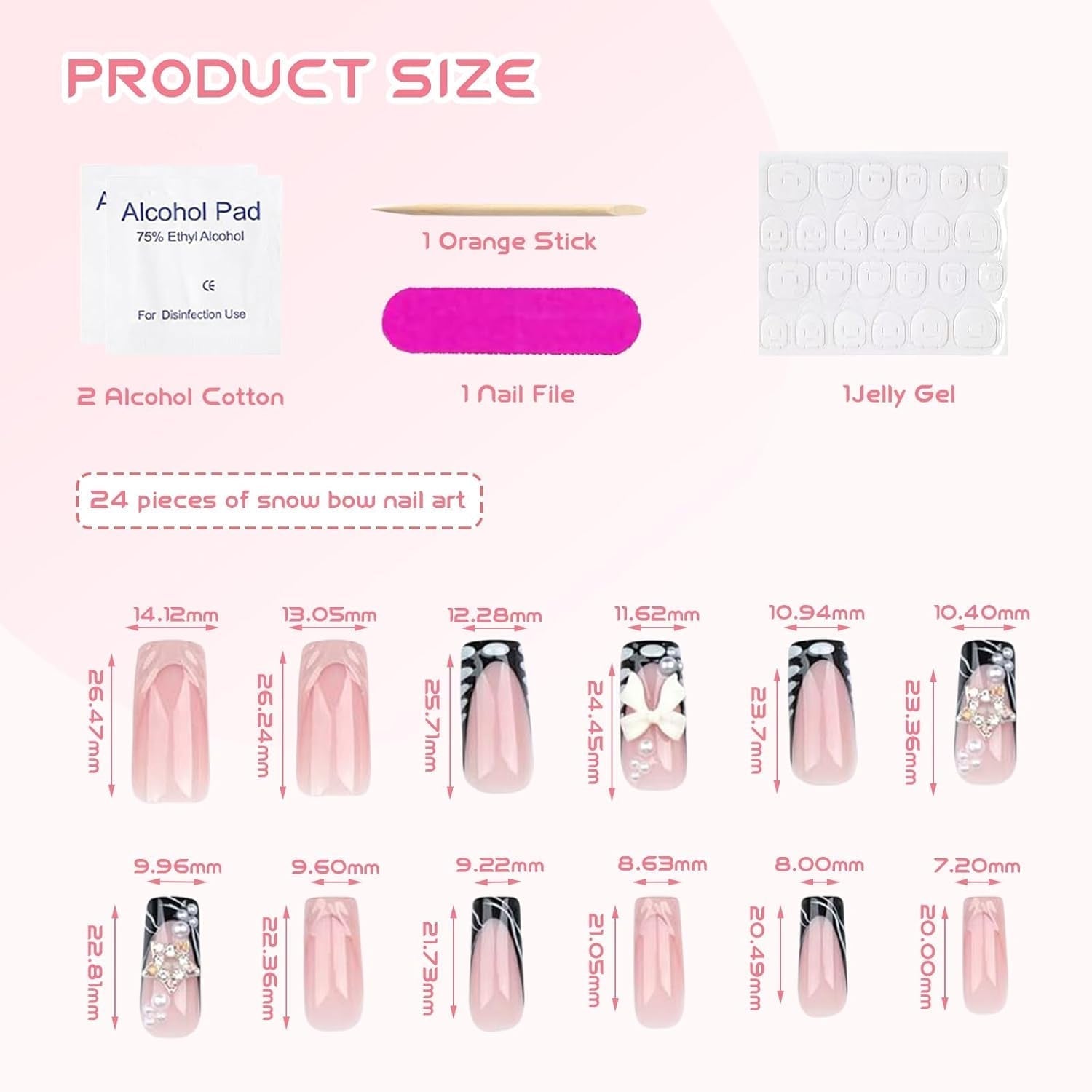 24 stuks middellange strass roze vierkante parel glitter 3D kunstnagels voor dames meisjes