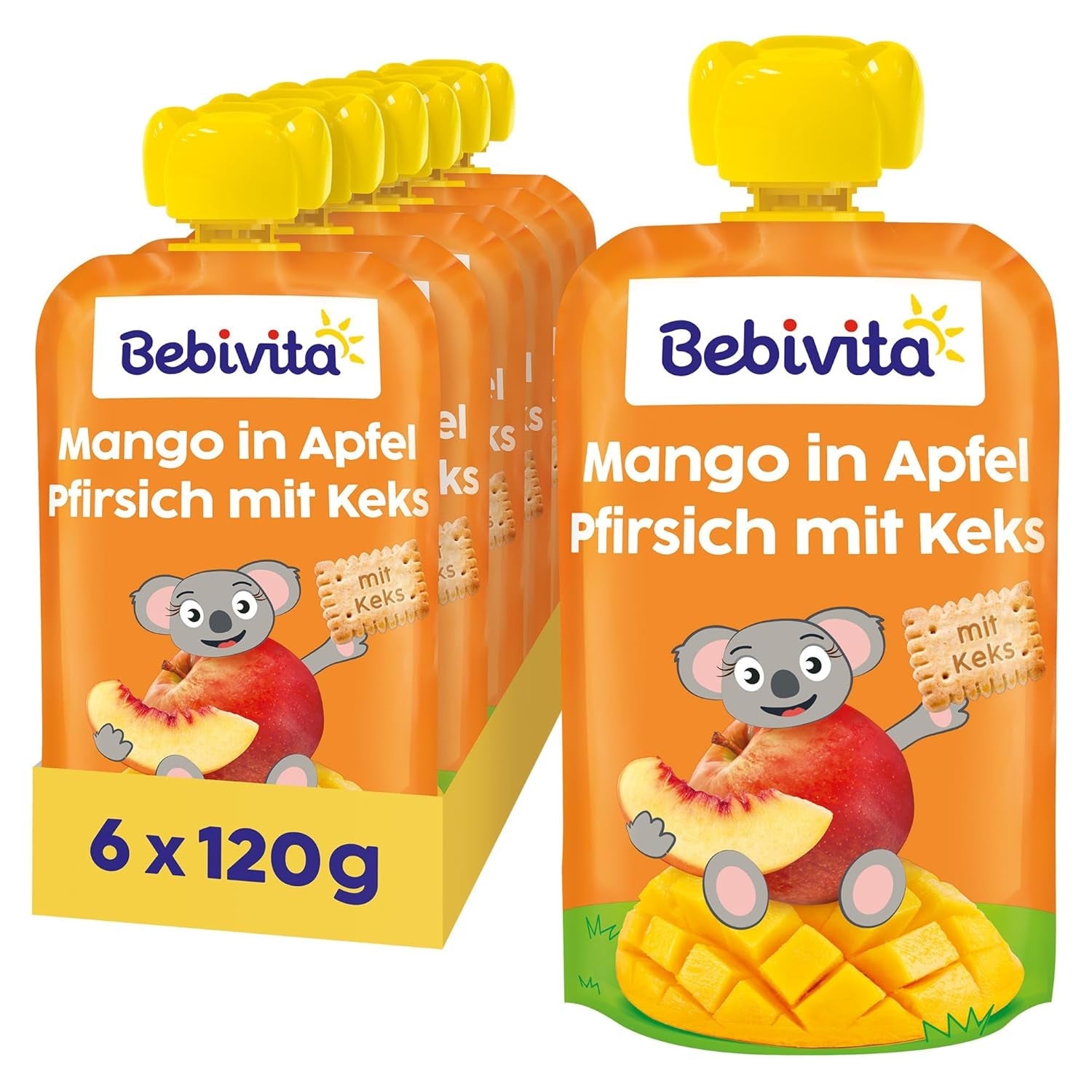 Mango in appel- en perziksaus met een zakje koekjes (6 x 120 g), zonder toegevoegde suiker, gemaakt van mild fruit en waardevolle granen, ideaal voor verpakte snacks en voor onderweg.