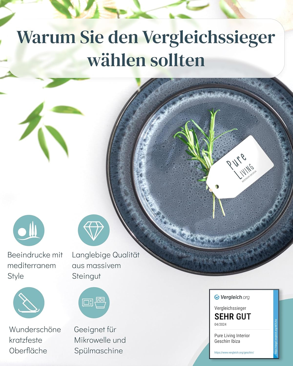 18-delige serviesset van keramiek voor 6 personen, Ibiza-design, TESTWINNAAR. Een prachtig mediterraan servies van keramiek, steengoed, inclusief kommen en borden. Pure Living servies in rokerig blauw.