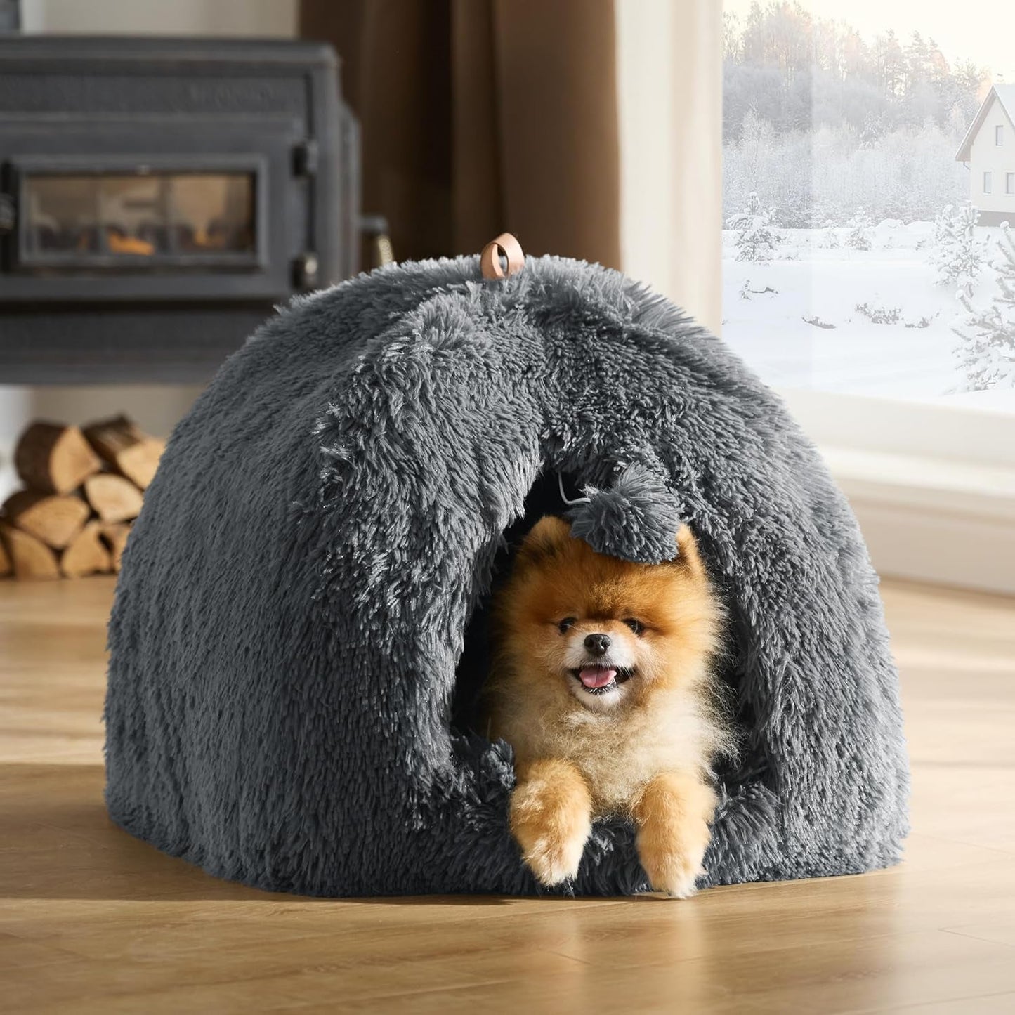 BEDSURE Katzenbett große Katzen Katzenhöhle- 44x44x44 cm Plüsch Katzenhaus Indoor mit abnehmbarem Katzenkissen en ophangen Spielzeug, Katzen Bettchen waschbar, dunkelgrau