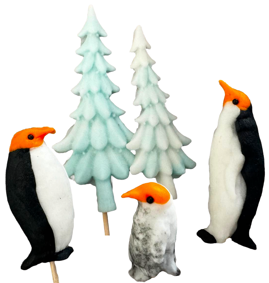 Set van 5 eetbare suikerpasta-decoraties, Kerstmis, pinguïns en kerstbomen Suikerpasta-decoraties Naty Shop
