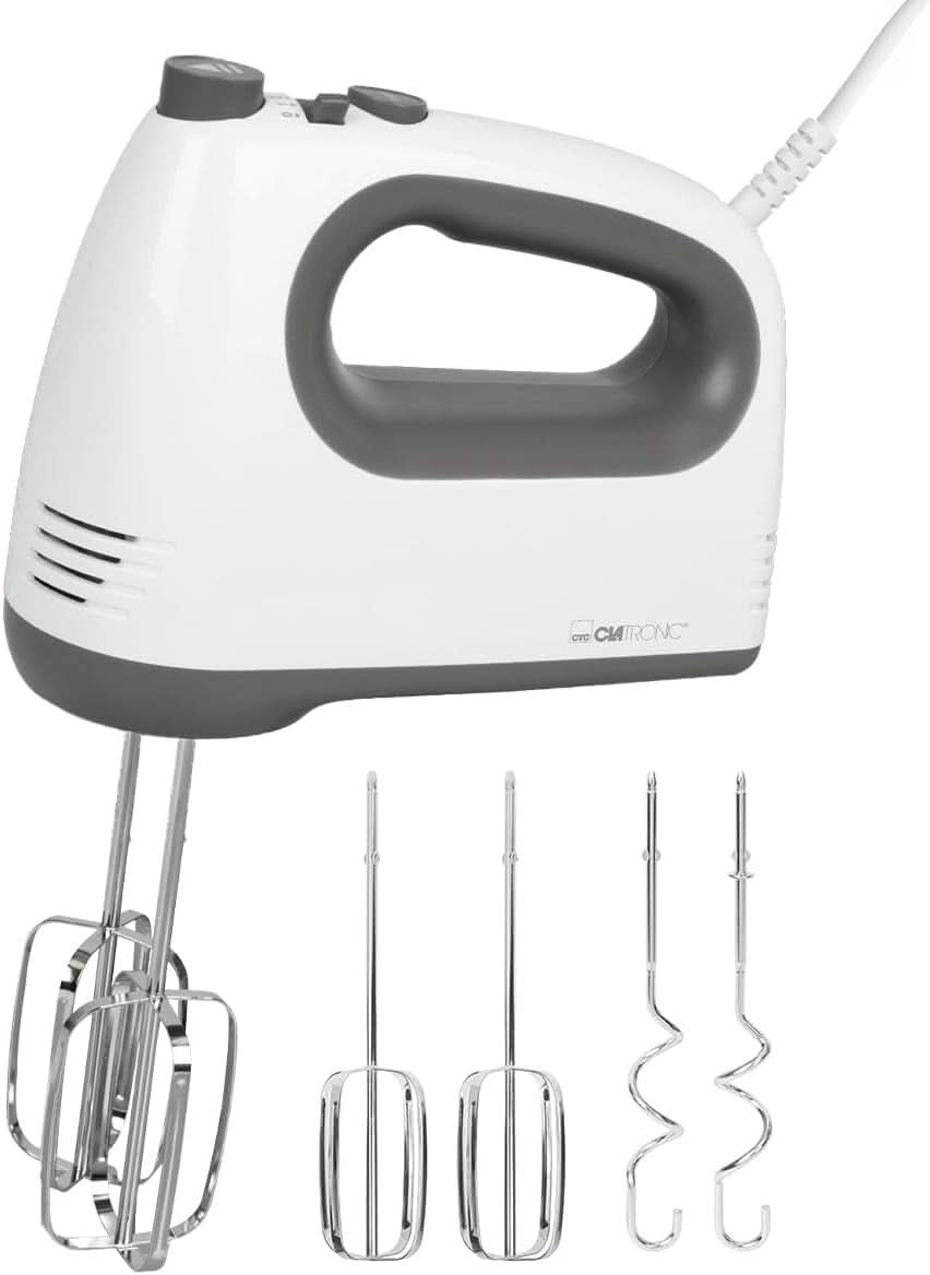 Clatronic-mixer | Kraftvoller 400 Watt-motor | Handmixer | Turbostufe & 5 Geschwindigkeitsstufen | Handmixer | Spülmaschinengeeignete Edelstahlquirle Und-Knethaken | HM 3775 Keuken Naty Shop Weiß-Grau 400 Watt
