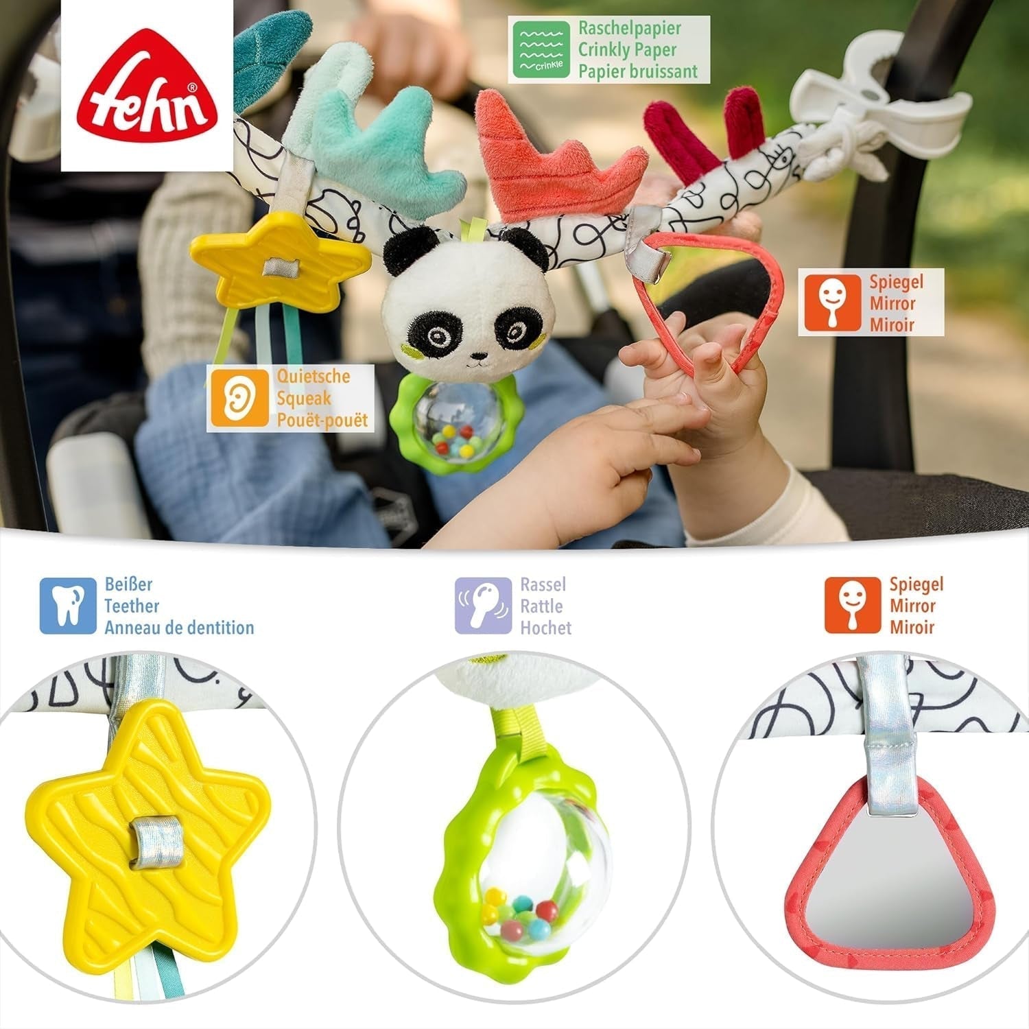 Fehn babymobielketting Panda Baby Mobile - babymobielketting met schattige figuren - flexibel hangend babyspeelgoed - kinderwagenspeelgoed voor baby's en peuters vanaf 0+ maanden Babyspeelgoed Naty Shop