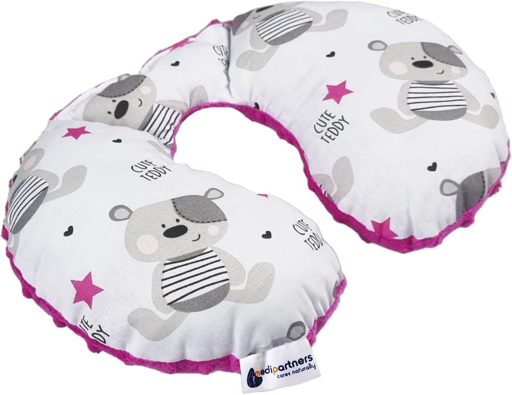 Medi Partners Baby Nekkussen Neksteun 100% Katoen / Minky Baby Nekkussen voor Auto Wandelwagen Reizen Reizen Slaap Nekkussen Snooze Roll (REH met Grijze Minky) Cervicale Orthopedische Kussens Naty Shop Donkerroze Minky Teddybeer