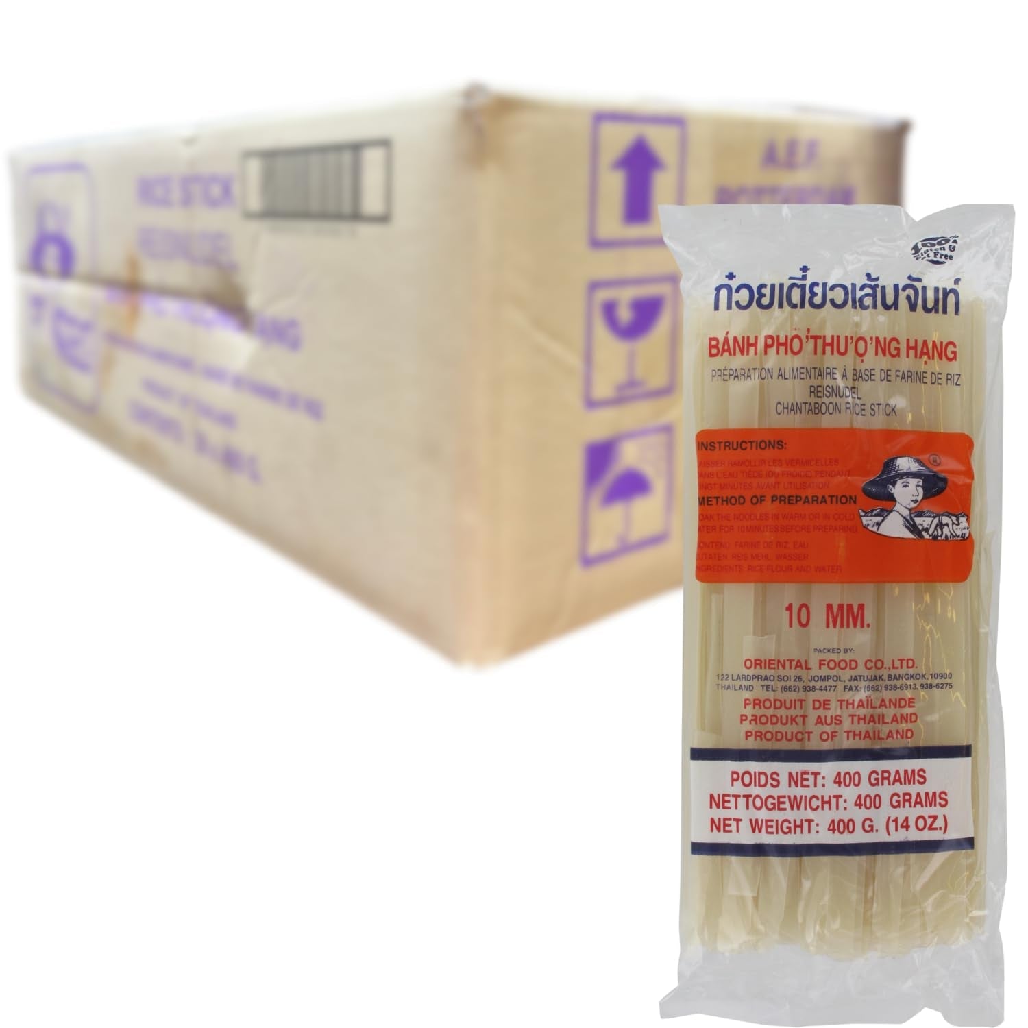Rijstnoedels - Thaise, 10 mm brede rijstlintnoedels, gemaakt van rijstmeel, recht - 1 x 400 g