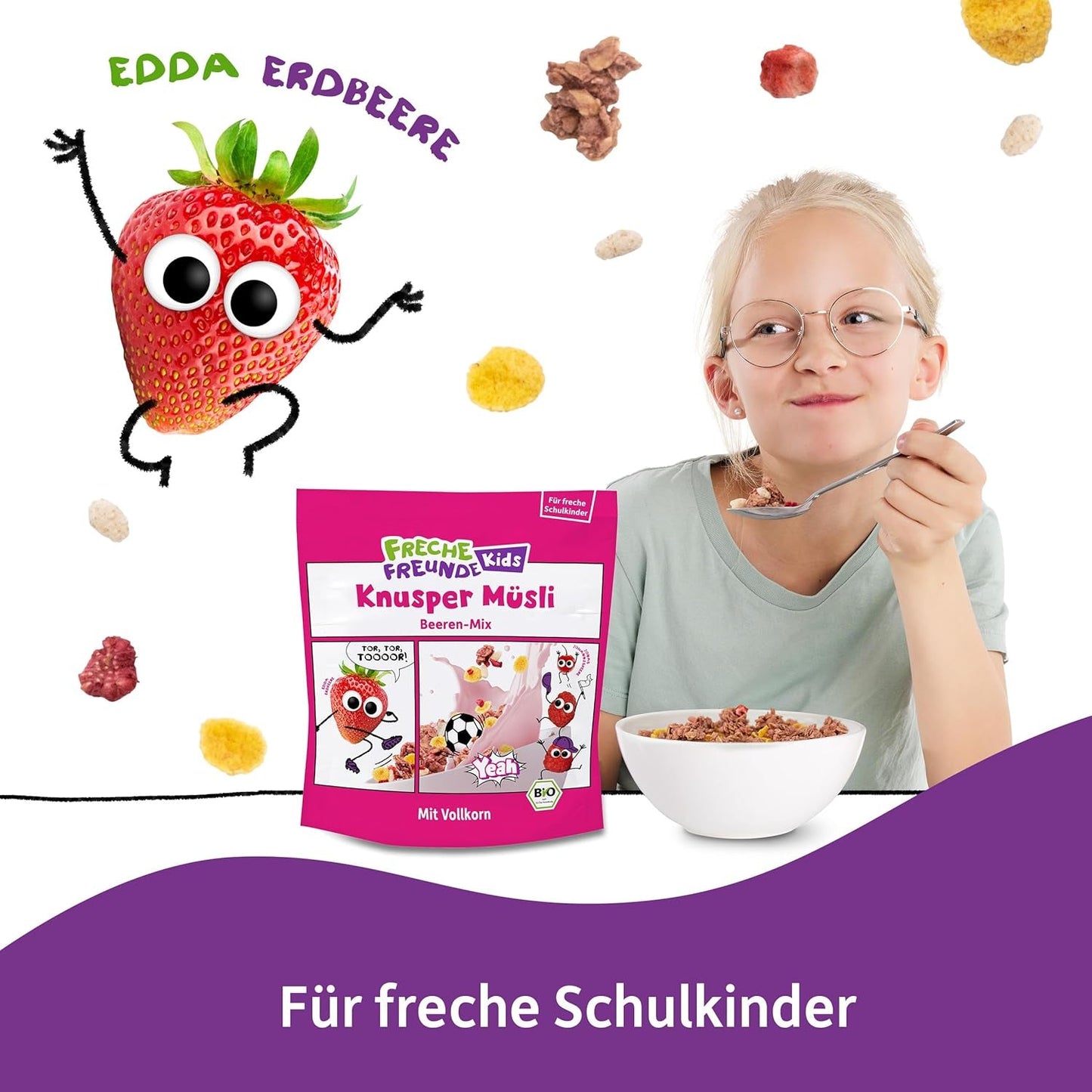 FRECHE FREUNDE Biologische ontbijtmuesli Edda's bessen knapperige mueslimix voor schoolkinderen met gevriesdroogde aardbeien Veganistisch 6-pack (6 x 280 g)