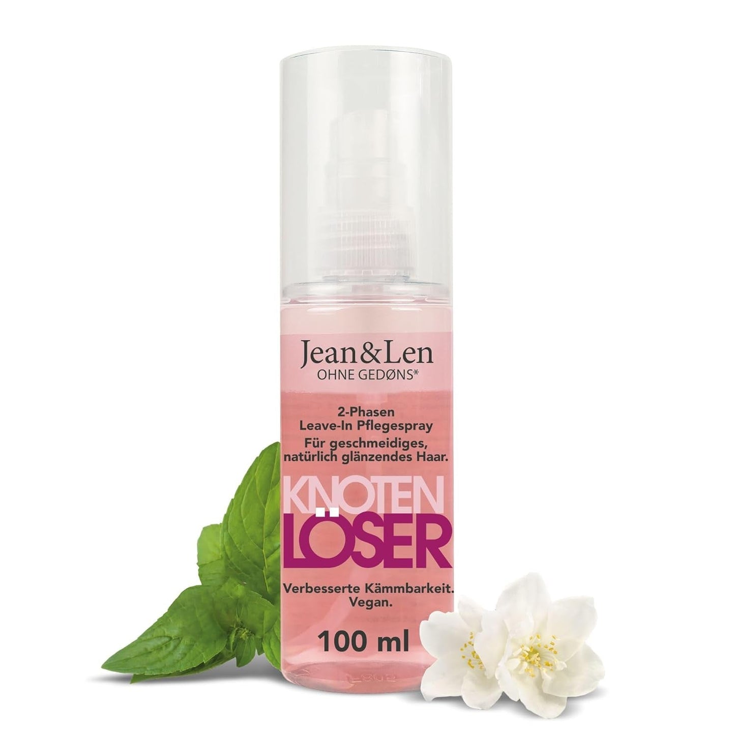 Jean & Len Knot Remover 2-Phase Leave-In Conditioning Spray, geschikt voor alle haartypes, ontwart het haar en verbetert de doorkambaarheid, frisse geur, ontwarrend, siliconen- en parabenenvrij, vegan, 100ml Naty Shop haarontwarrende producten 100Ml (1 pakje)