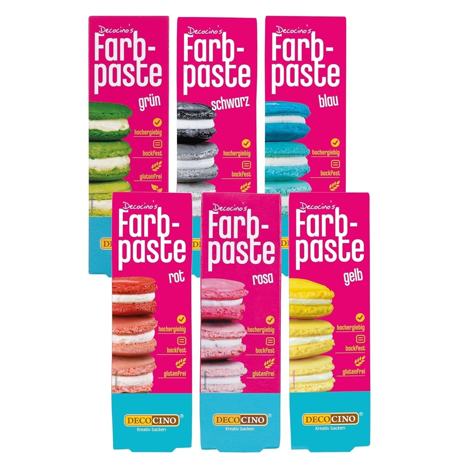 Set van 6 Decocino kleurpasta's - 6 x 20 g - Kleurstof voor levensmiddelen in rood, roze, groen, geel, blauw en zwart, ideaal voor het kleuren van taarten, fondant en crèmes - Azo-vrij en glutenvrij