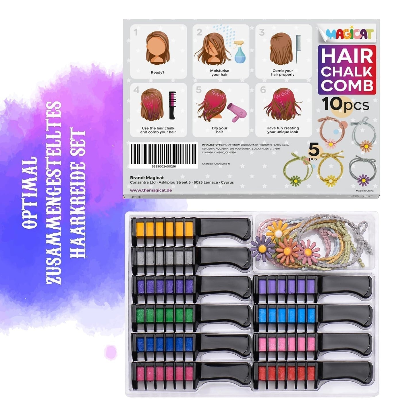 Magicat Haarkrijt voor meisjesset I 10 wasbare kleuren en 5 haarelastiekjes I Cadeau voor meisjes van 4 tot 10 jaar I Creatief cadeau voor kinderverjaardagsfeestje 2025 I Veilig en kleurrijk Naty Shop Haarverf