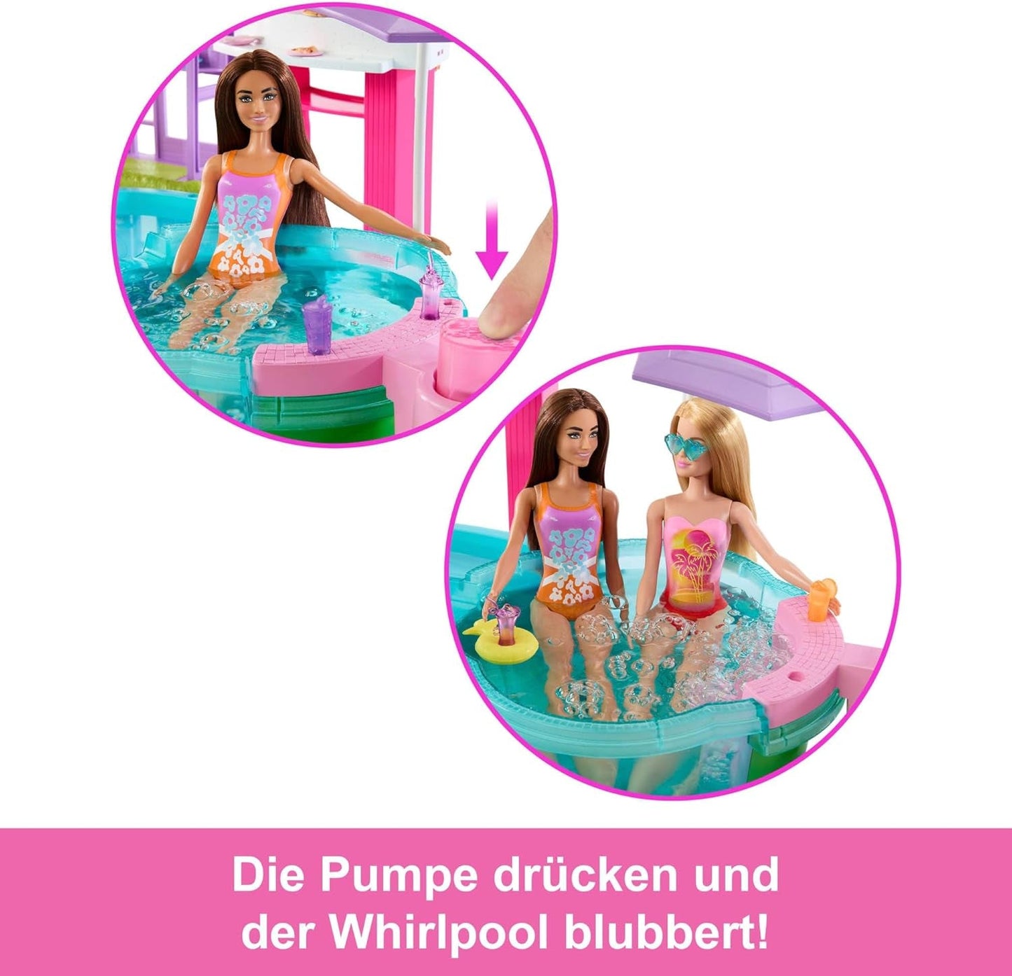 Barbie Dream Zwembadspeelset met zes speelplekken, waaronder een glijbaan en jacuzzi, plus meer dan 20 accessoires zoals een huisdier, zwemringen en meer, JKG83