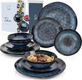 ZANGER | Tokyo Serviesset 12-delige Steengoed Serviesset voor 4 personen, inclusief dinerborden, dessertborden en schalen, donkerblauw met zwarte accenten | DE PREMIUM COLLECTIE