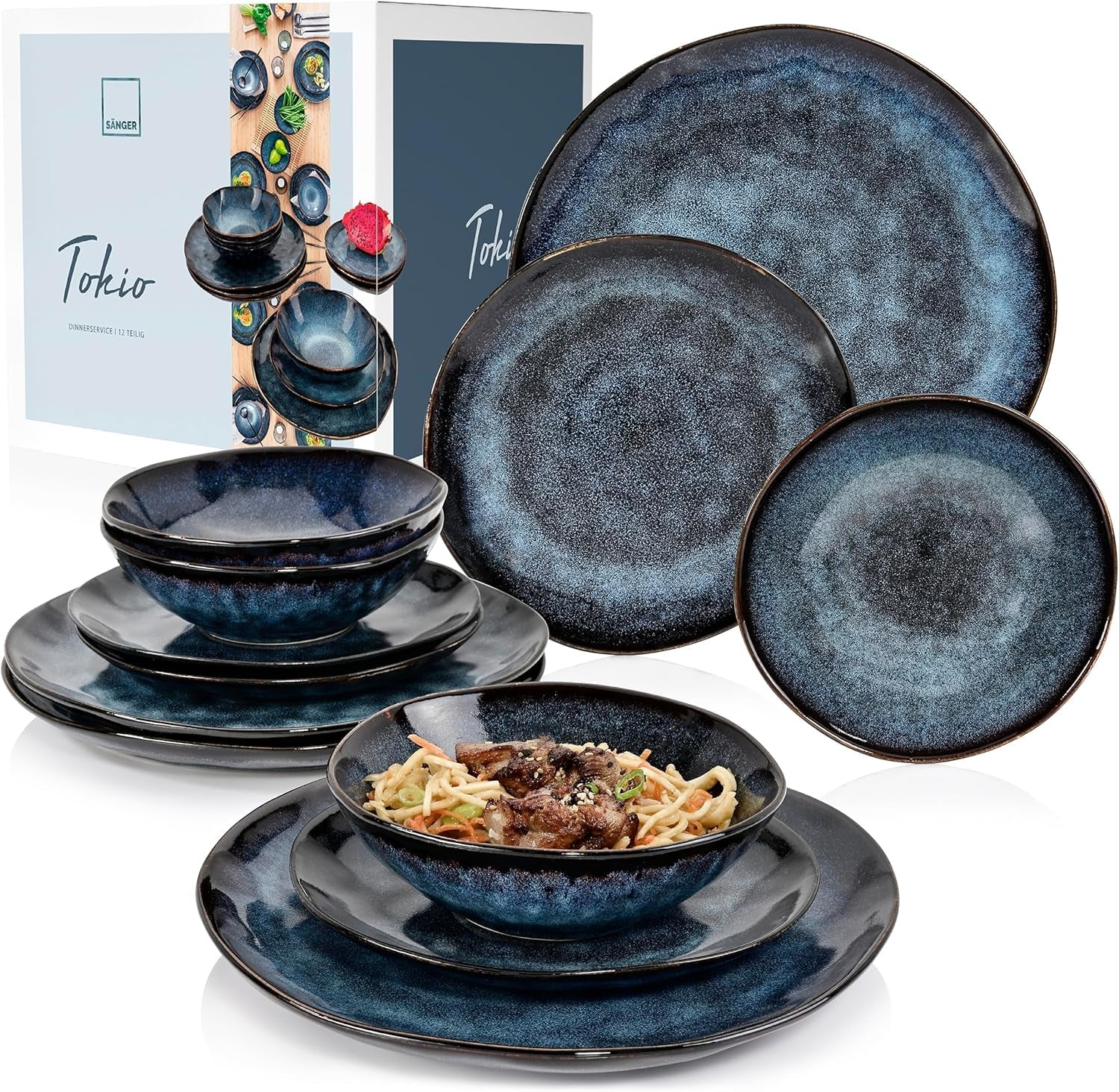 ZANGER | Tokyo Serviesset 12-delige Steengoed Serviesset voor 4 personen, inclusief dinerborden, dessertborden en schalen, donkerblauw met zwarte accenten | DE PREMIUM COLLECTIE