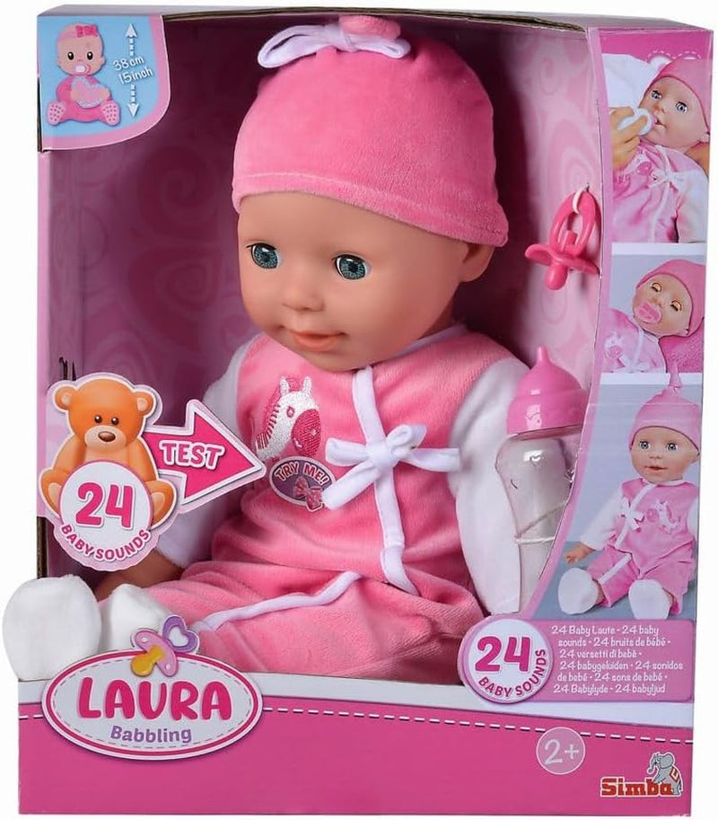 Simba 105140489 - Laura Baby Talk Doll, 38 cm zachte lichaamspop met slaperige ogen in schattige jumpsuit, 24 babygeluiden, speelpop, babypop, vanaf 2 jaar