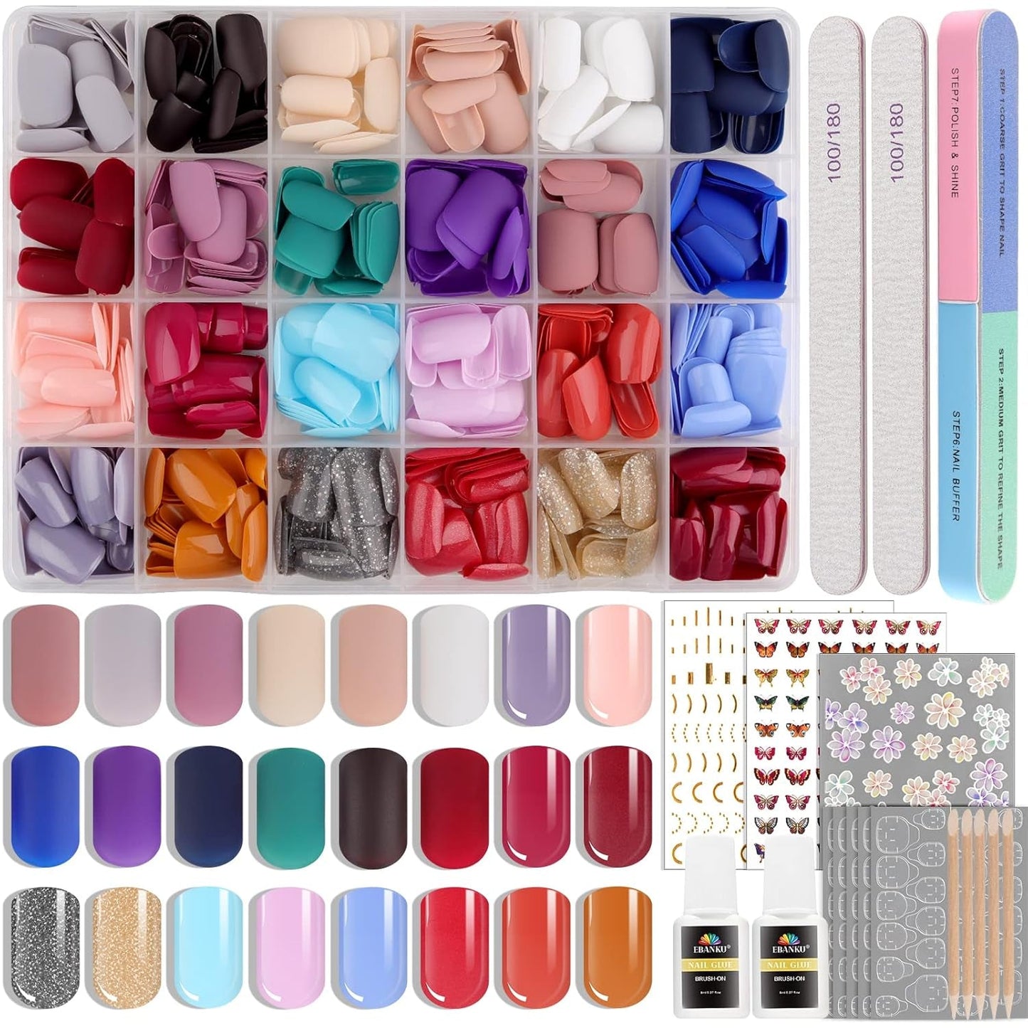 EBANKU 576 stks korte druk op nagels met nagellijm, 12 kleuren korte matte kunstnagels, 8 korte glanzende kunstnagels, 4 glitter kunstnagels