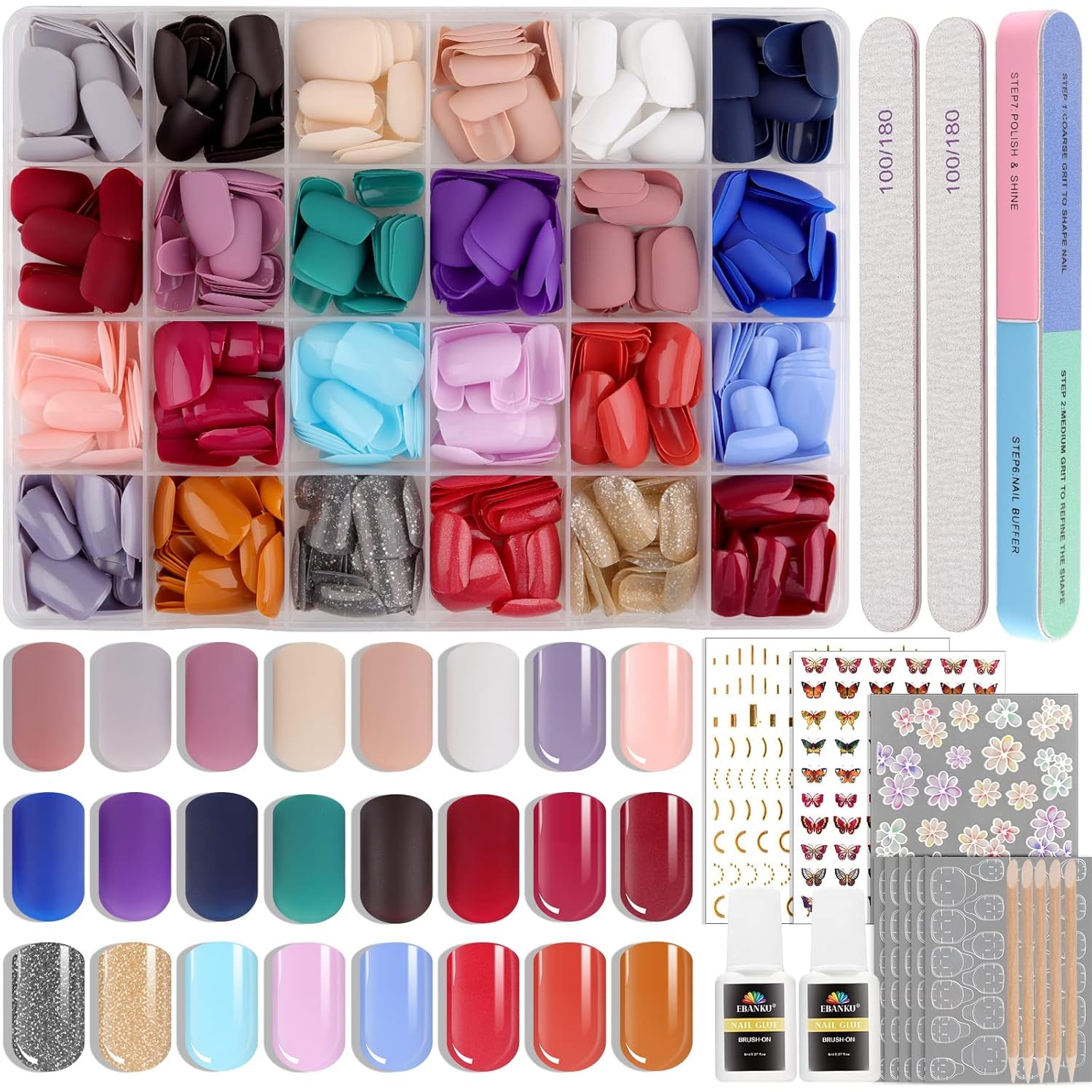 EBANKU 576 stks korte druk op nagels met nagellijm, 12 kleuren korte matte kunstnagels, 8 korte glanzende kunstnagels, 4 glitter kunstnagels