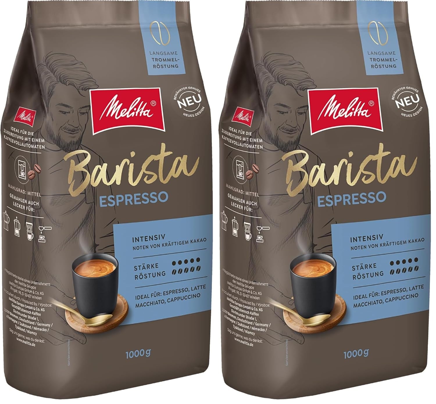 Melitta Barista Classic Espresso, hele koffiebonen 1kg, malen, koffiebonen voor automatische espressomachines, sterke branding, intensiteit 5 (pak van 2)
