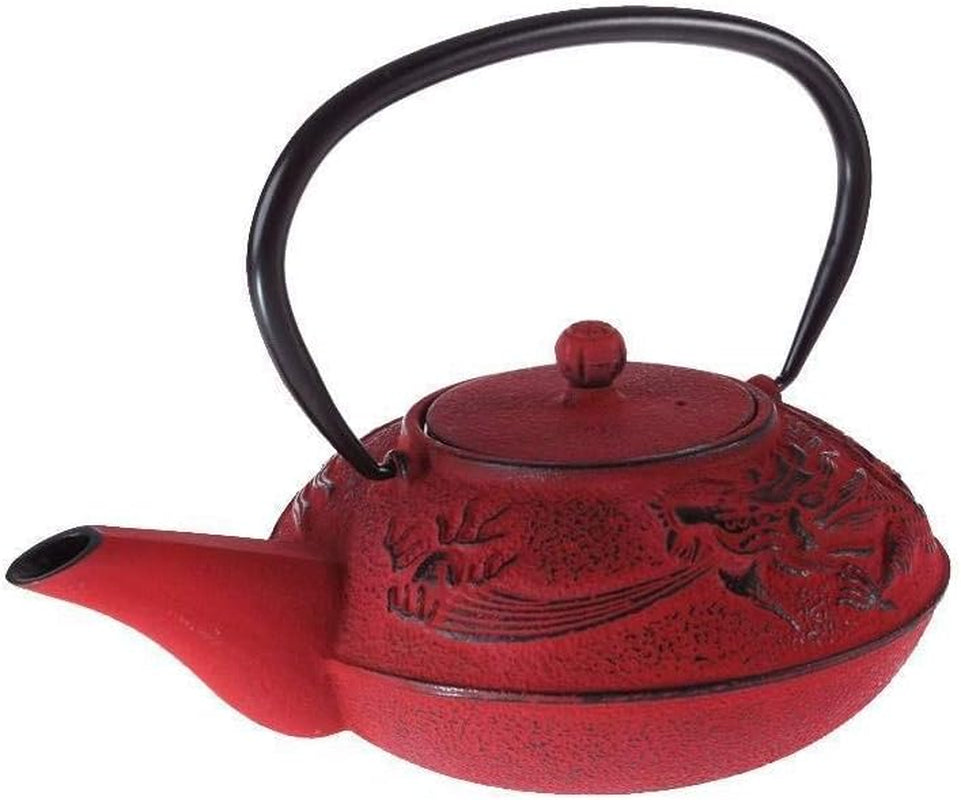 – Chinese Draak Theeservies – 1 Theepot, 4 Gietijzeren Kopjes en Theezeefje – Capaciteit 0,8L – Japans Aziatisch Decor – Cadeau-idee voor Japans Serviesgoed – Kleur Rood
