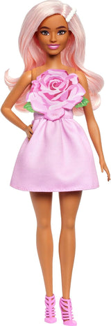 Barbie Fashionistas pop nr. 238 met pastelroze haar, strapless jurkje met roze top, parelhaarclip en hoge hakken met bandjes, HYT94 Naty Shop Dolls