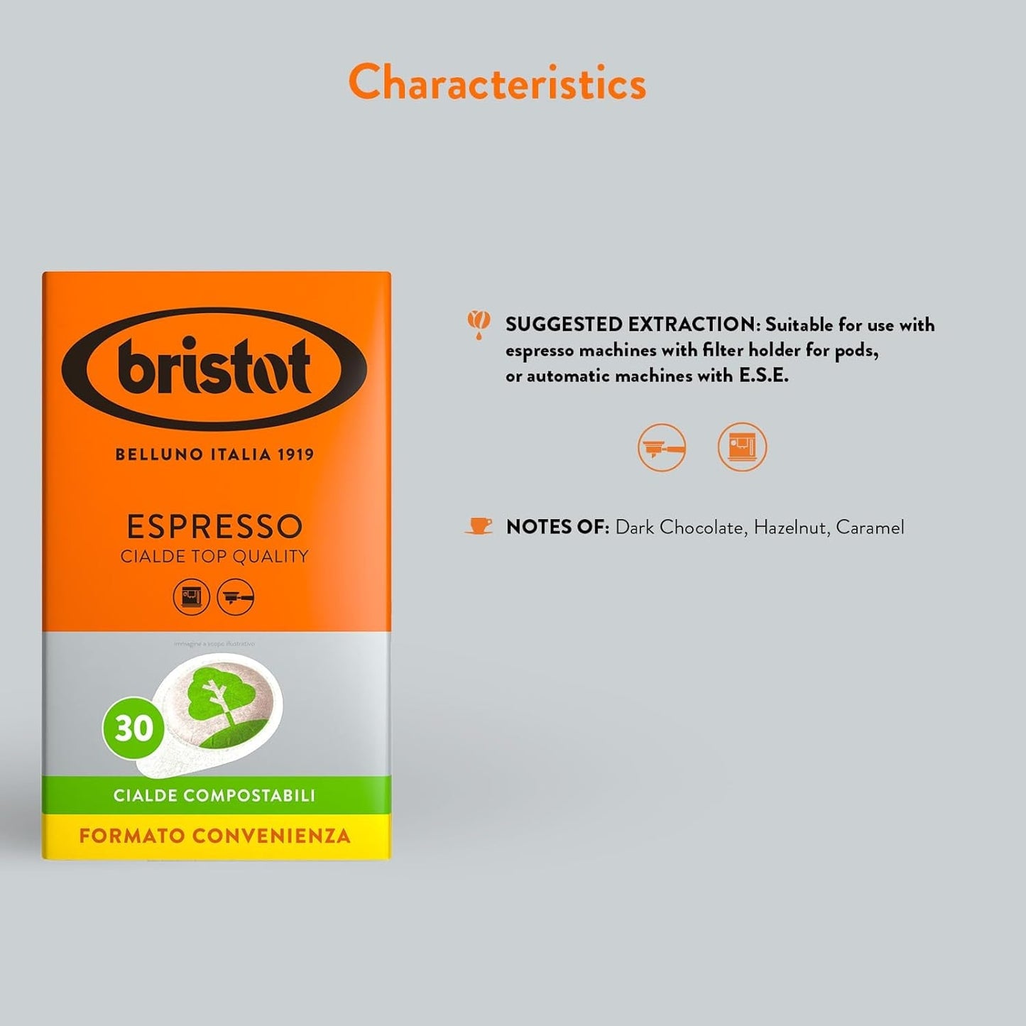 Bristot, 120 Espresso-Kaffeekapsel – een mengsel van Arabica-Kaffee uit Brasilien en Zentral-Amerika, met Noten von Zartbitterschocolade, Haselnuss en Caramell – 4 Packungen met je 30 Kapsel