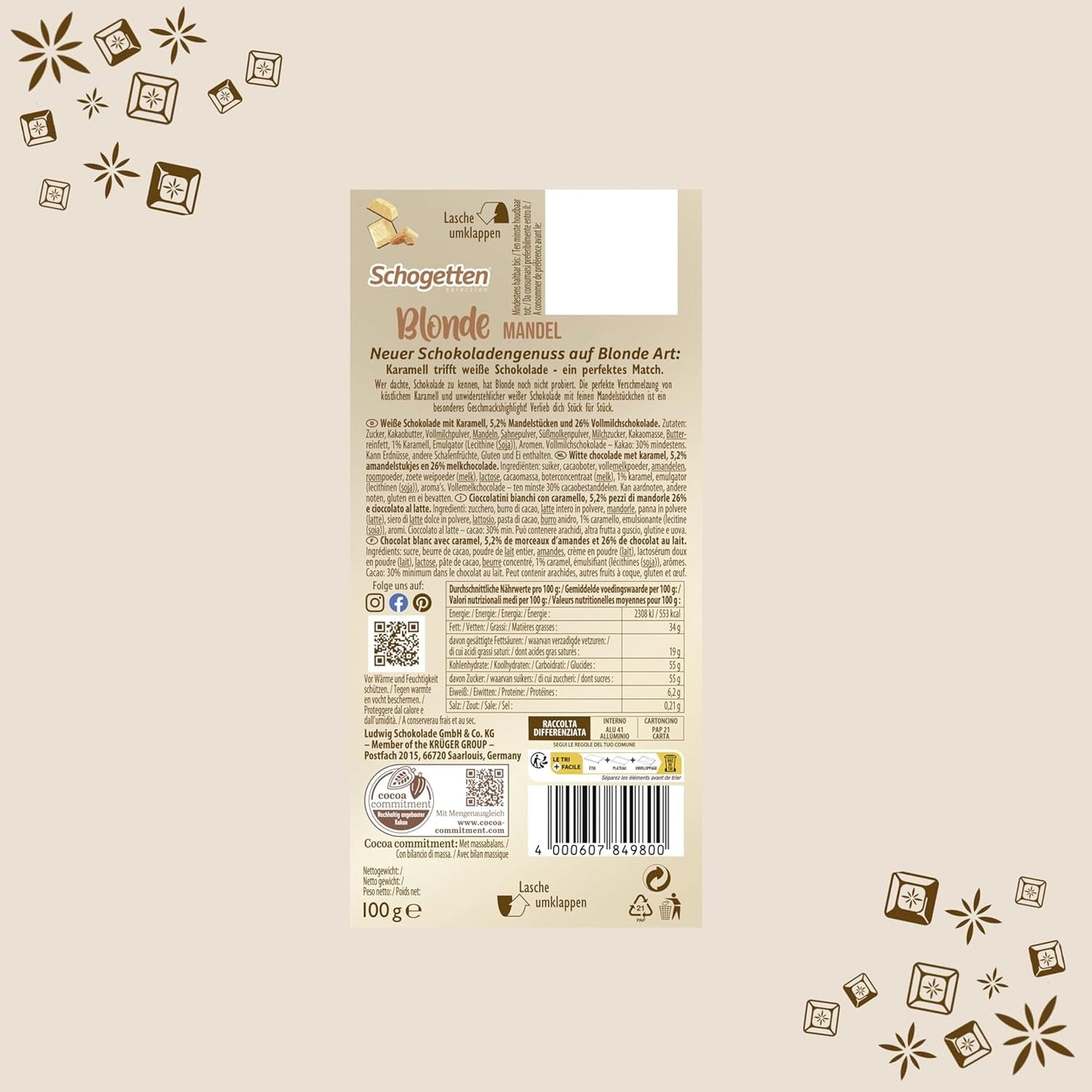 Schotten Blonde Amandel | Witte chocolade met karamel en amandelstukjes | 100 gram | Handig geportioneerd (pak van 2)