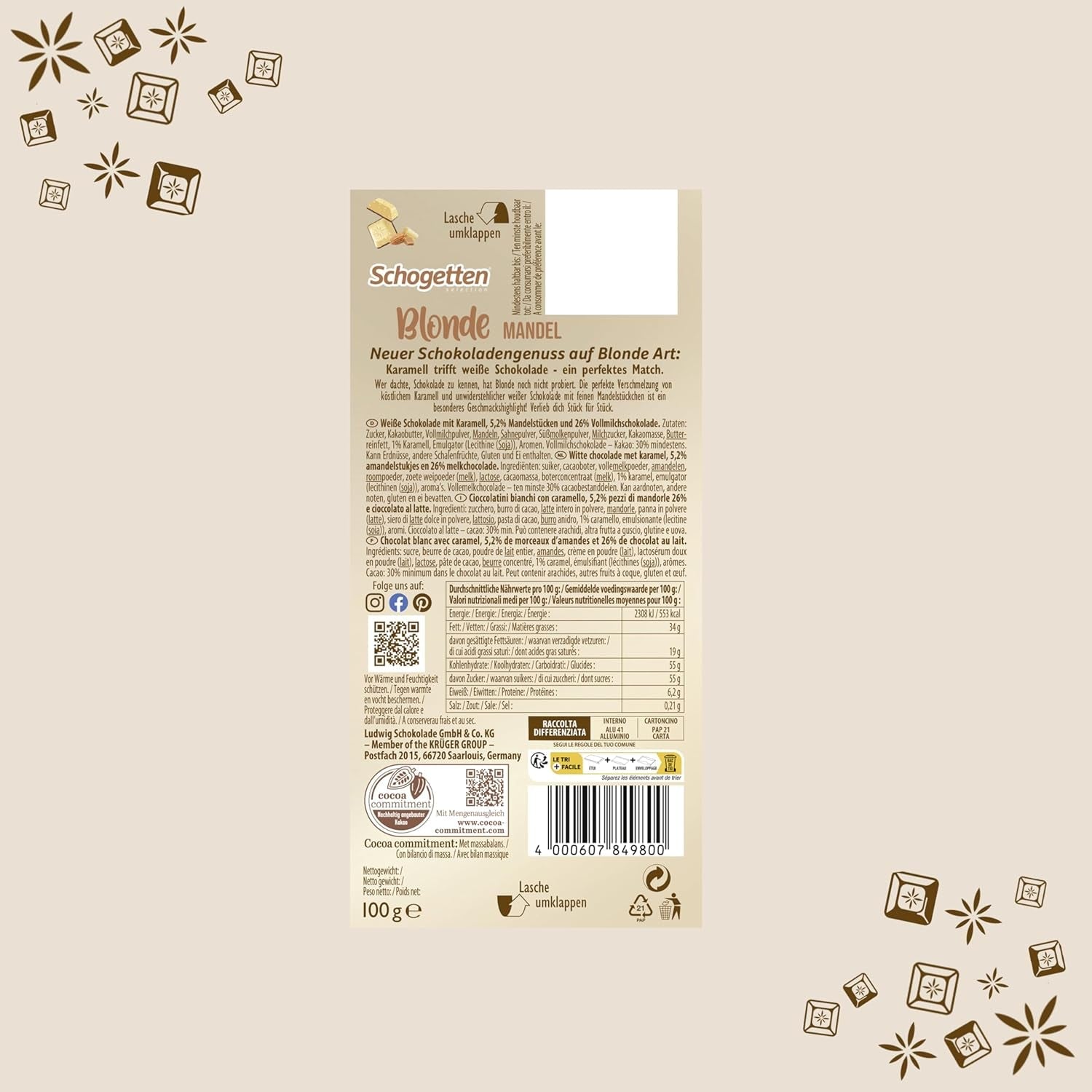 Schotten Blonde Amandel | Witte chocolade met karamel en amandelstukjes | 100 gram | Handig geportioneerd (pak van 2)