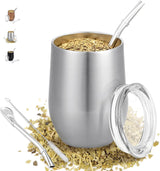 Moderne Mate-mok 340 ml, geïsoleerde dubbelwandige roestvrijstalen Yerba Mate-mokset, Mate-theemok met BPA-vrij deksel, bombillas en een reinigingsborstel (zilver)