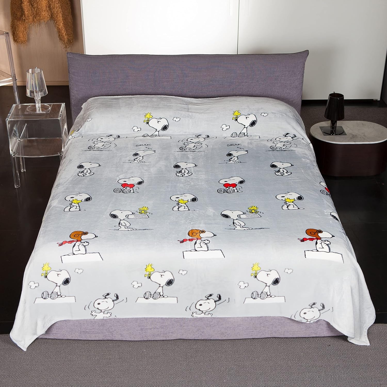 Kanguru Bed, sprei, fleecedeken voor tweepersoonsbed, microvezeldeken, Snoopy Peanuts GRIJS, 230X230Cm, zomerdeken, sprei voor slaapkamer Bedden en dekens Besuche den Kanguru-Store 230 X 230 tweepersoonsbed Snoopy grijs