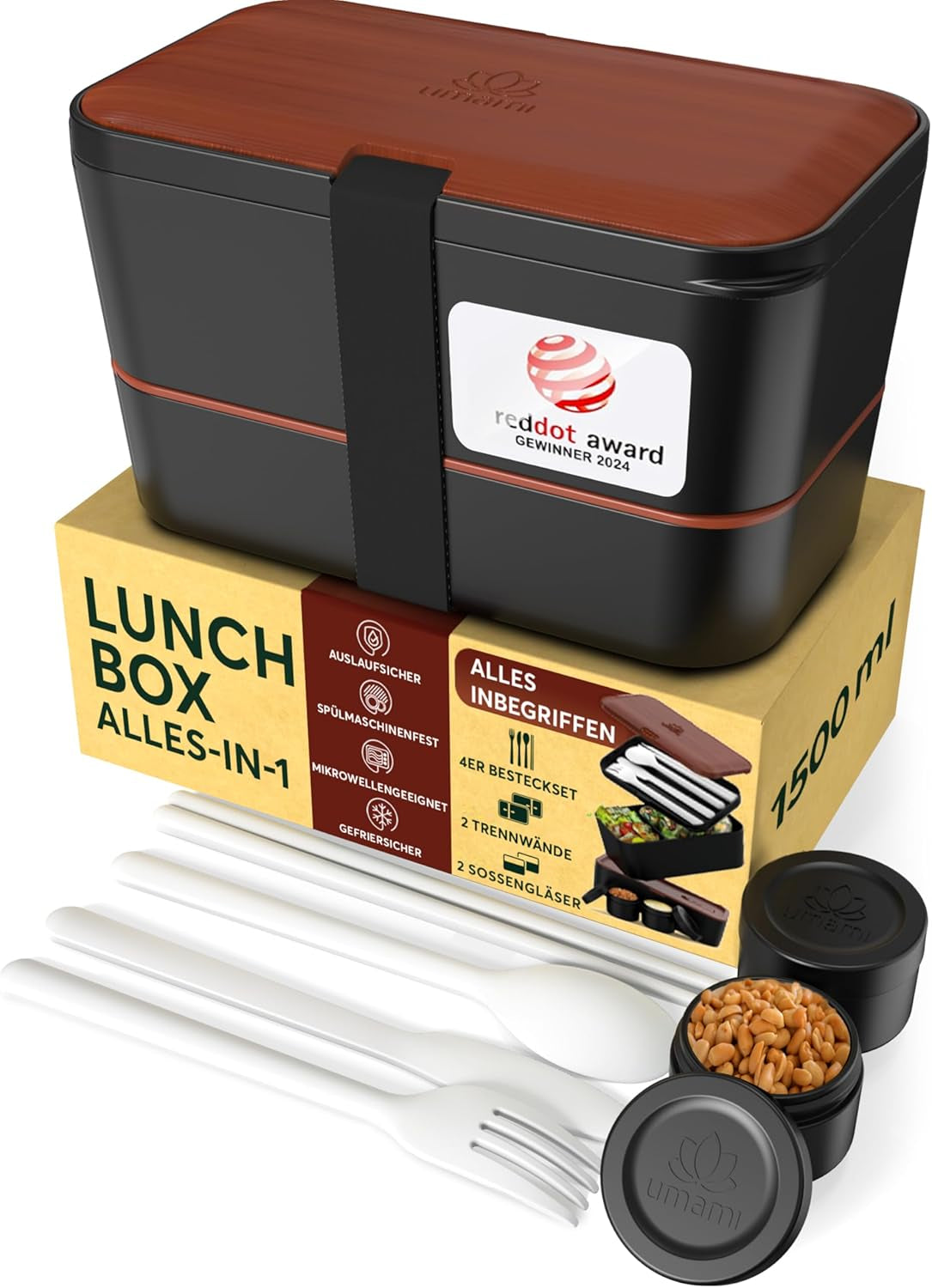 Umami lunchbox voor volwassenen, stapelbare bentobox met 4 bestek en vakken, lunchbox voor volwassenen, saladecontainer voor onderweg, picknick-/kantoorlunchbox, antracietgrijs, 1500 ml voedselbewaardozen Naty Shop sapele zwart L - 1500 ml stapelbaar in elkaar