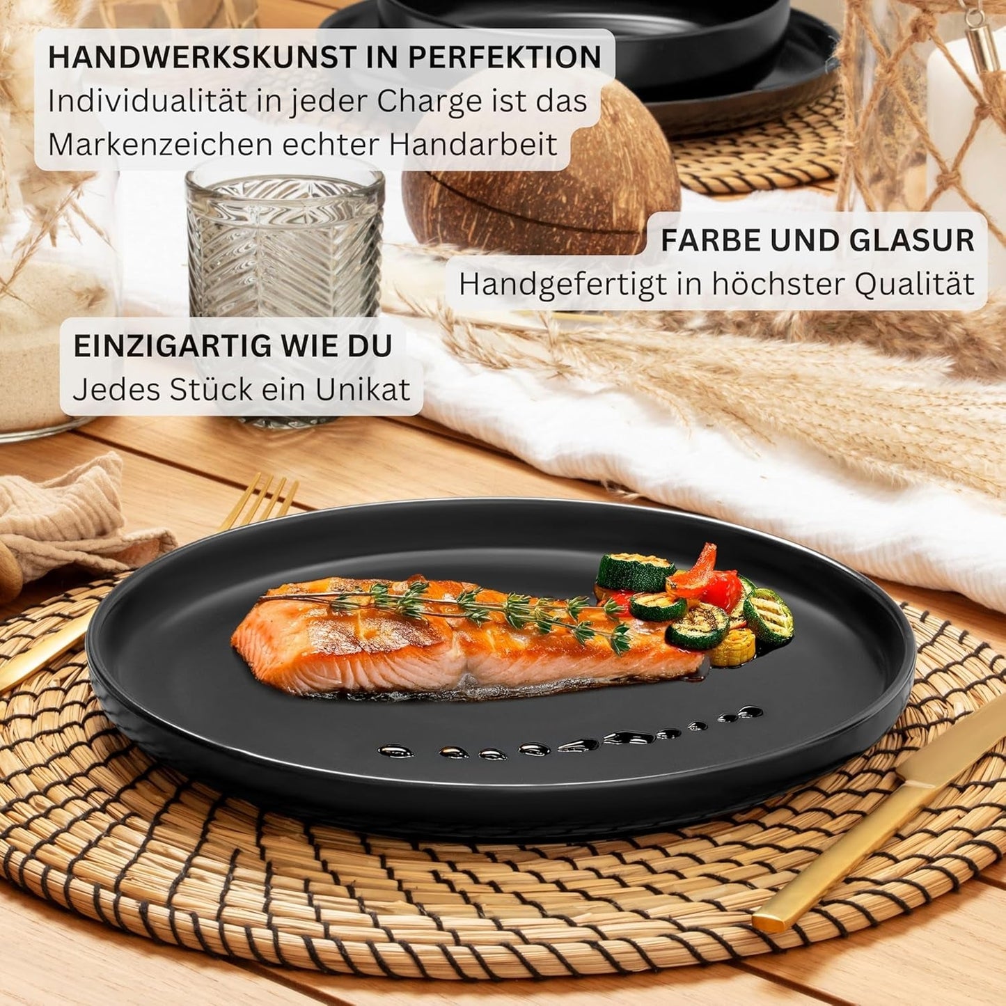SÄNGER Madeira | 24-delige combinatieserviesset, 6-persoons aardewerken serviesset, 6 dinerborden, 6 ontbijtborden, 6 dinerborden, 6 pastakommen, servies en schalenset, matzwart | DE WAARDE-COLLECTIE