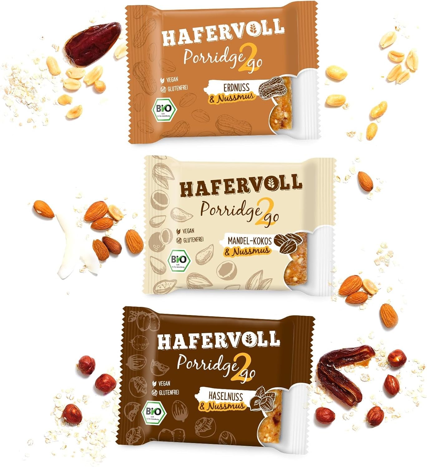 Hafervoll Porridge2go Pindakaas en noten, 13 repen x 55g - Veganistisch, biologisch, glutenvrij, geen toegevoegde suikersnack, met haver, dadels en quinoa-snoepjes