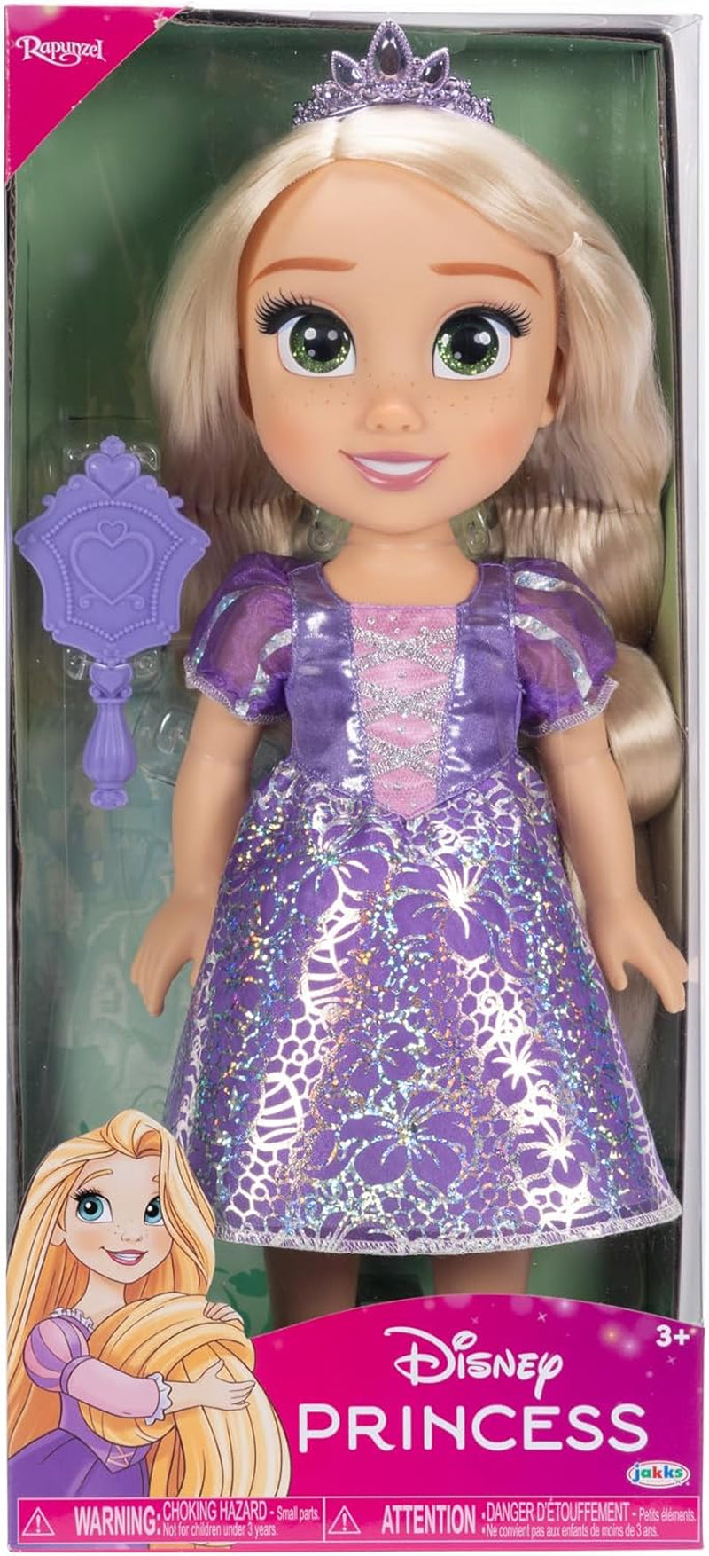 Disney Princess Rapunzel pop van 35 cm, reflecterende glitterogen, beweegbare gewrichten, afneembare jurk, schoenen, kroon, lang blond haar, voor meisjes vanaf 3 jaar
