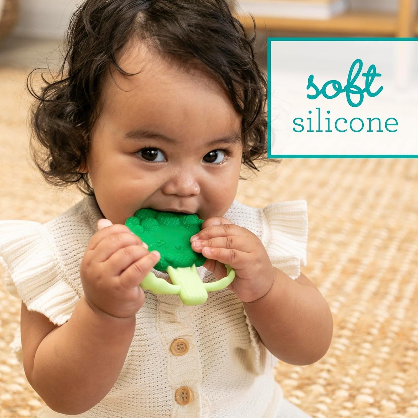 Infantino Lil' Nibbles, getextureerde siliconen bijtring, BPA-vrij babybijtringspeeltje, zacht, gemakkelijk vast te houden, zintuiglijke stimulatie voor zuigelingen, broccoli