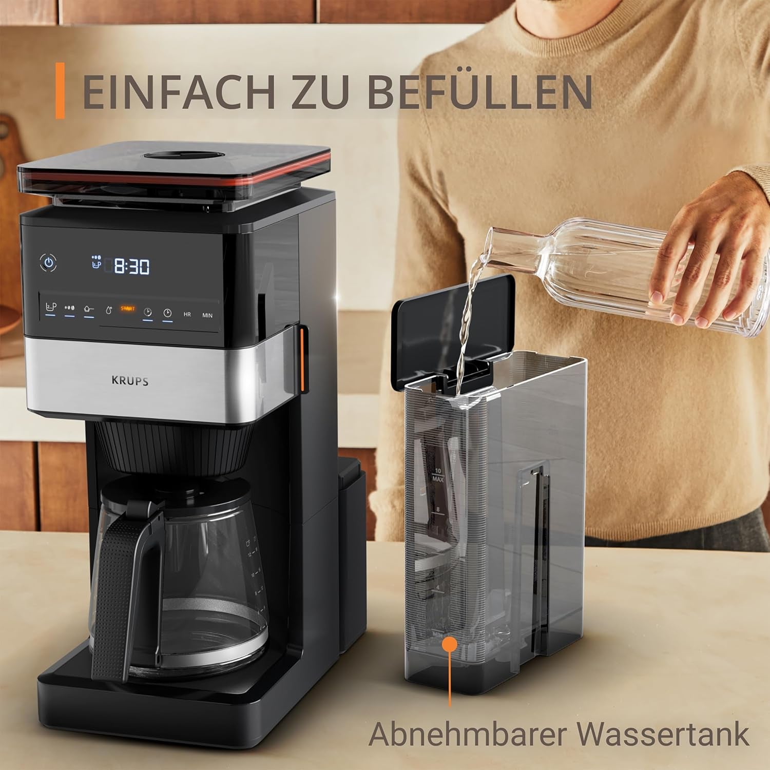 KRUPS Grind Aroma XL espressomachine, afneembare conische molen, digitaal bedieningspaneel, XL-capaciteit (1,5 l), warmhoudfunctie, glazen karaf, zwart/roestvrij staal, KM842810