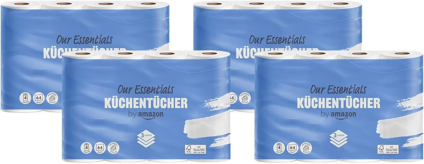 By Amazon Keukenrol, 3-laags, 16 rollen (4 rollen, 4 stuks), 64 vellen per rol, FSC-gecertificeerd