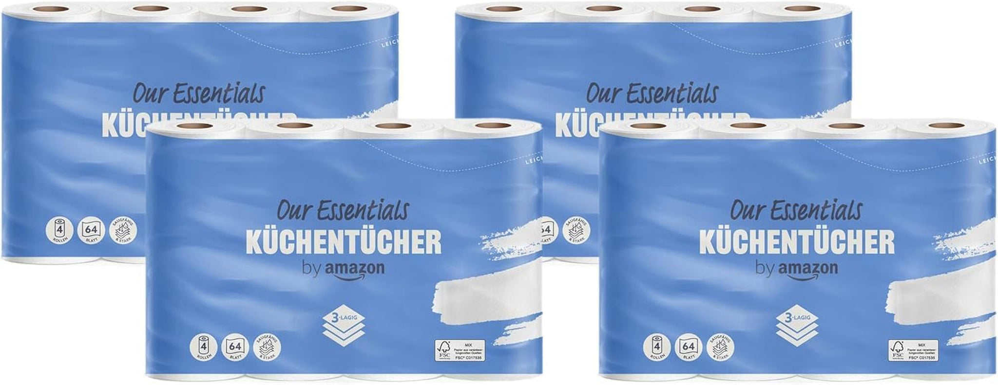 By Amazon Keukenrol, 3-laags, 16 rollen (4 rollen, 4 stuks), 64 vellen per rol, FSC-gecertificeerd