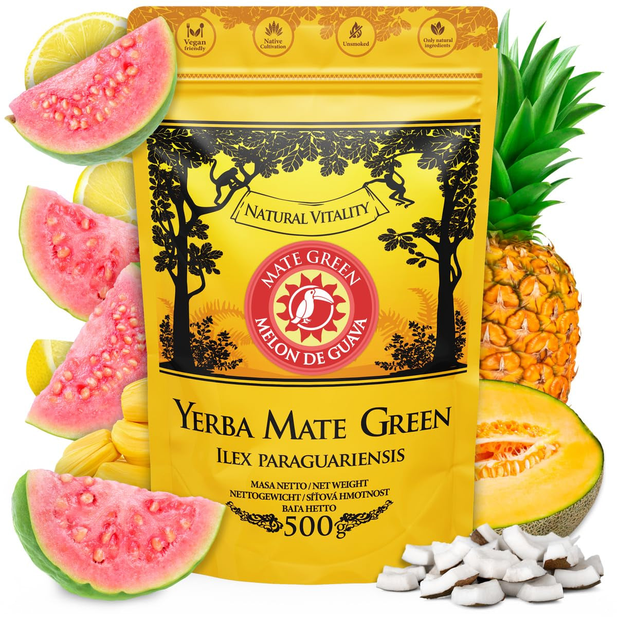Yerba Melon De Guava 500G – Braziliaanse Yerba Mate-thee met meloen, guave, jackfruit, ananas en kokosnoot - Exotisch en fruitig - Luchtgedroogd, veganistisch