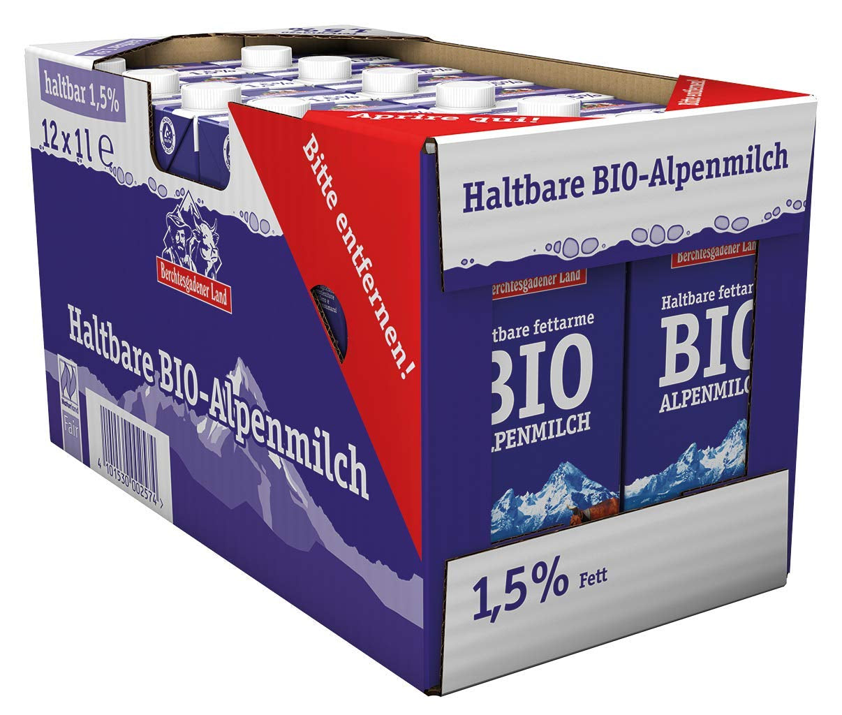 Berchtesgadener Land Haltbare Bergbauern-Milch, 1,5% Fett, 12er-pakket (12 x 1 l)