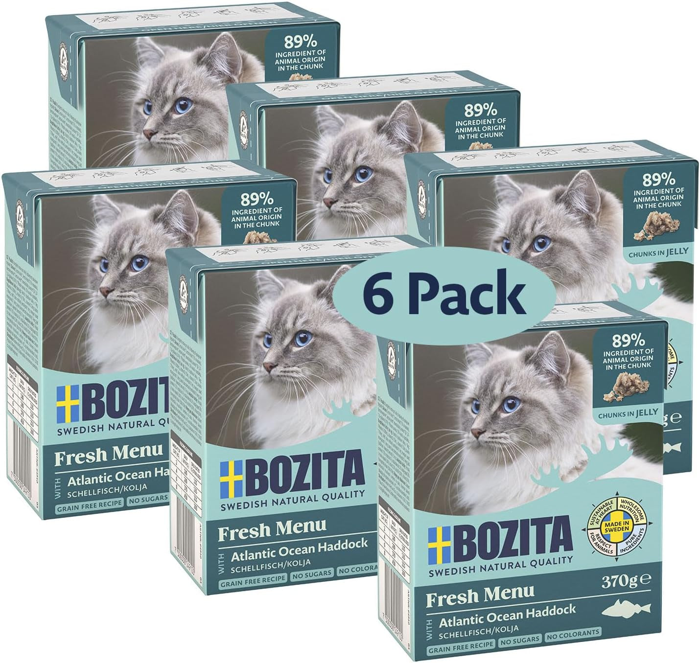 Bozita Tetra natvoer met schelvis in gelei - 6 x 370 g graanvrij, zonder toegevoegde suikers en niet-GMO kattenvoer - uitgebalanceerd, lekker, met 7,5% eiwit en 5% vet