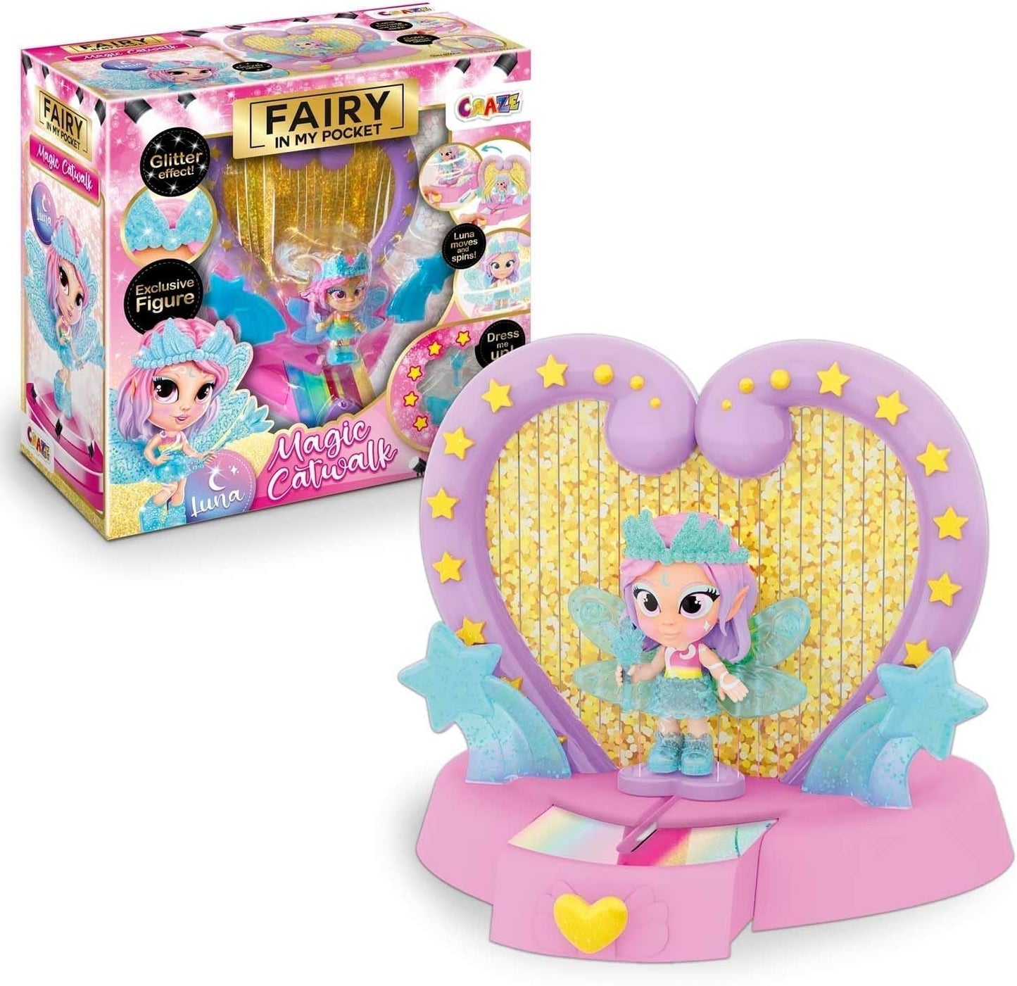 CRAZE Fee in mijn zak | Feeënpop met vleugels, verzamelbaar sprookjesspeelgoed met speciale effecten zoals glitter, glow in the dark en kleurverandering Dolls Naty Shop Fairy Magic Catwalk speelset
