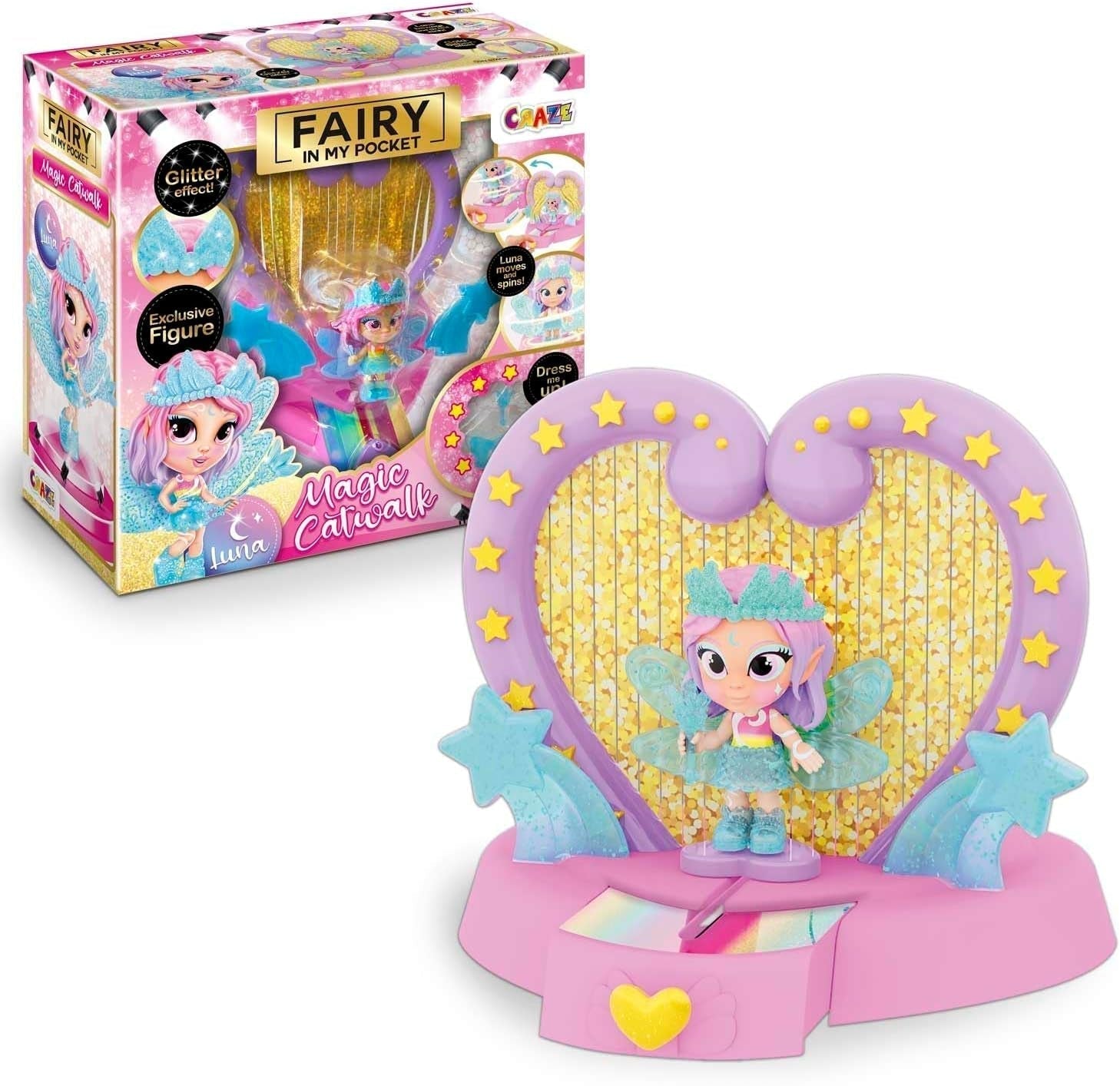 CRAZE Fee in mijn zak | Feeënpop met vleugels, verzamelbaar sprookjesspeelgoed met speciale effecten zoals glitter, glow in the dark en kleurverandering Dolls Naty Shop Fairy Magic Catwalk speelset